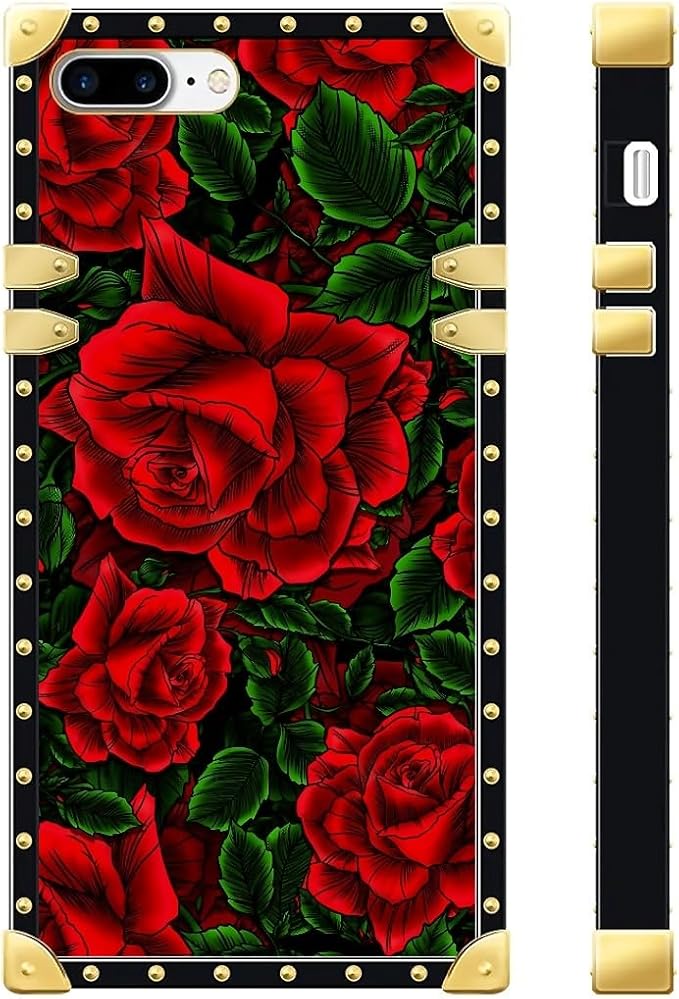 Compatible with iPhone 8 7 SE Case, Vector Red Rose Green Leaf Luxury Golden Decoration for Girl Women Soft TPU Shockproof Protective Hard PC Back for iPhone 8 7 SE