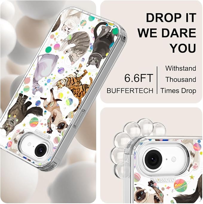 MOSNOVO for iPhone 17e Case/iPhone 16e Case, Shockproof Military-Grade Protection 6.6ft Drop Tested, Clear Phone Case for iPhone 16e / iPhone 17e, Space Cat Design