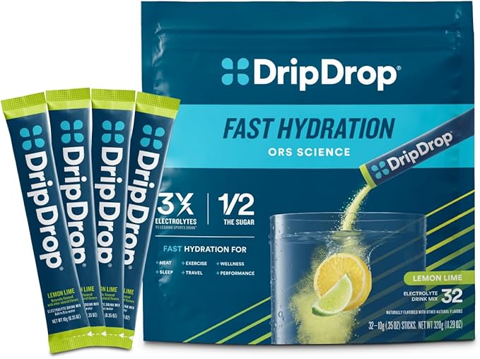 DripDrop Hydration Packets - Lemon Lime - Single Serve Electrolytes Powder Drink Mix - Non-GMO, Gluten Free, Vegan - 32 Sticks