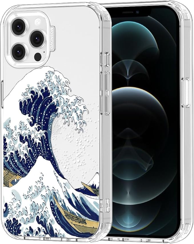 MOSNOVO Case for iPhone 12 & iPhone 12 Pro, [Buffertech 6.6ft Military-Grade Drop Protection] [Anti Peel Off Tech] Clear TPU Bumper Phone Case Cover Design - Great Wave