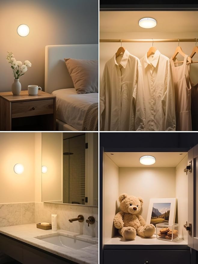 WILLED 3000K Dimmable Touch Lights, Battery Rechargeable Tap Lights, Magnet Stick on Closet Light, Portable LED Puck Night Lights for Cabinet, Wardrobe, Counter, Kitchen, Bedroom (2 Pack)