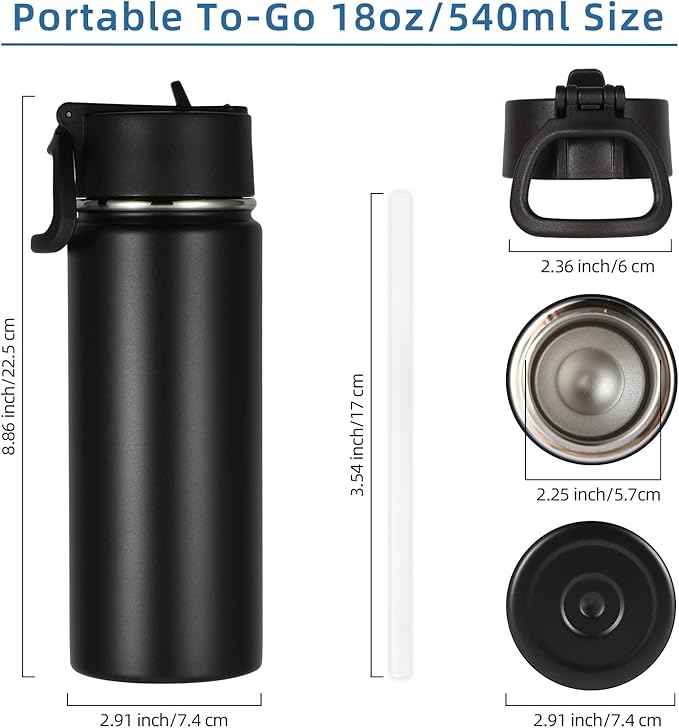 Volhoply 18oz Insulated Water Bottle Bulk 4 Pack,Kids Stainless Steel Water Bottles with Straw Lid,Double Wall Vacuum Metal Bottle,Wide Mouth Reusable Sports Flask For Cold Drink(Black,4 Set)