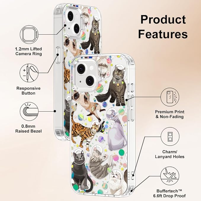 MOSNOVO for iPhone 13/14 Case | Military Grade 6.6ft Drop Tested | Clear with Space Cat Design