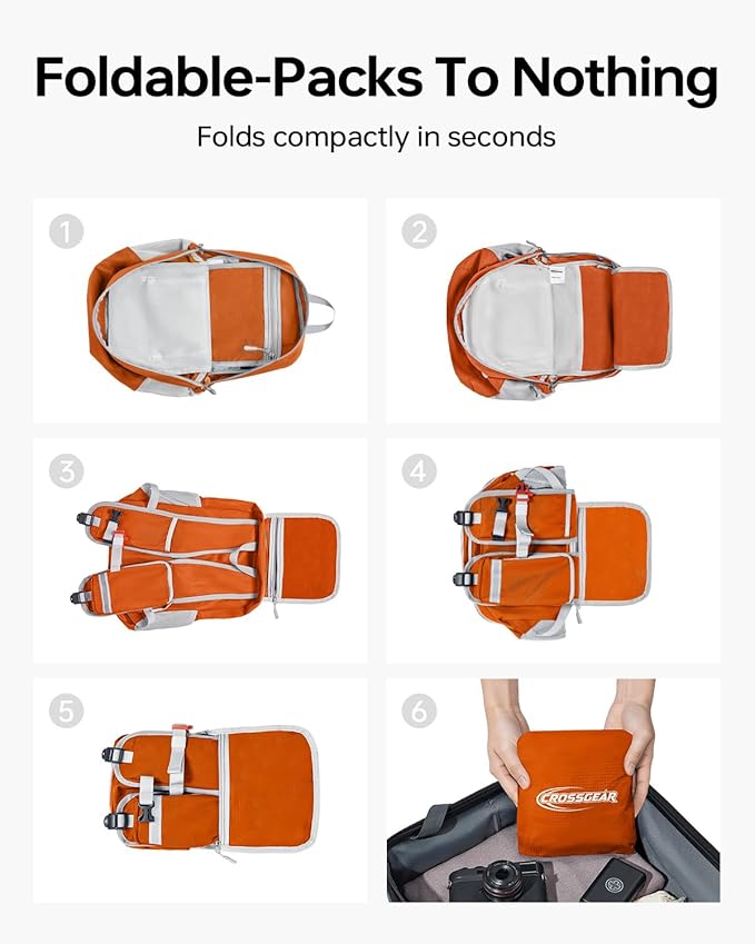 CROSSGEAR Packable Hiking Backpack, 24L Lightweight Foldable Daypack, RFID Secure Pocket, Nylon Fabric, Water Resistant Small Travel Hiking Daypack for Women Men, Orange