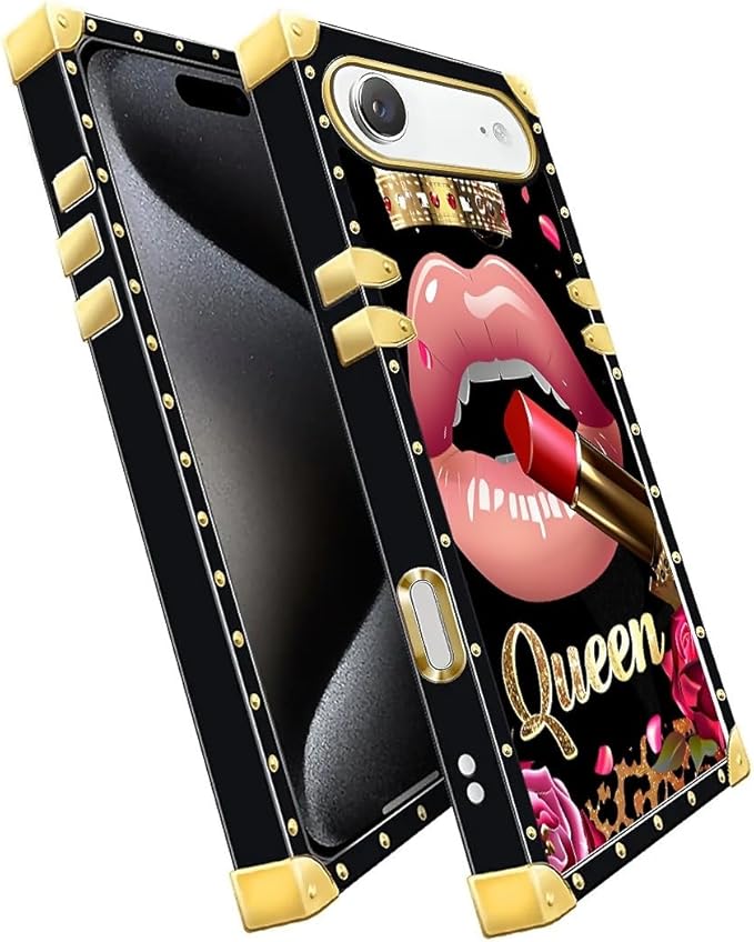 for iPhone 17 Air Case Luxury Golden Decoration for Girl Women Soft TPU Shockproof Protective Hard PC Back for iPhone 17 Air Crazy Pattern Glitter Red Rose Queen Leopard Lipstick