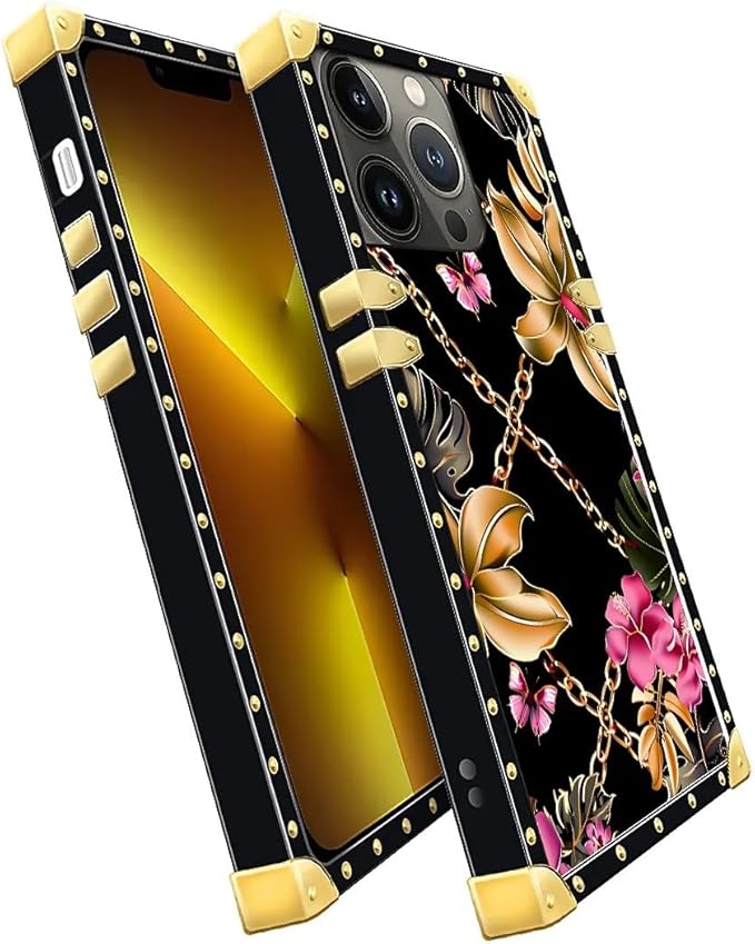 Compatible with iPhone 13 Pro Case, Pink Golden Chain Tropical Flower Luxury Golden Decoration for Girl Women Soft TPU Shockproof Protective Hard PC Back for iPhone 13 Pro