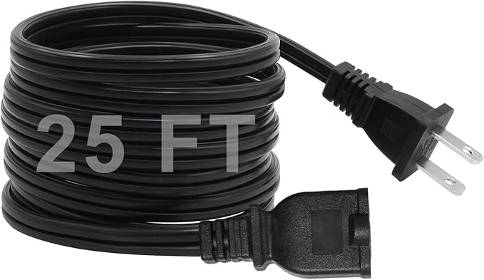 25 FT 2 Prong Extension Cord, 18AWG SPT-2 Indoor Male to Female Power Cord ETL Listed Extra Long Extension Cords, Flexible & Thin Design for Home Office Use, 10A 1250W, Polarized Plug, Black