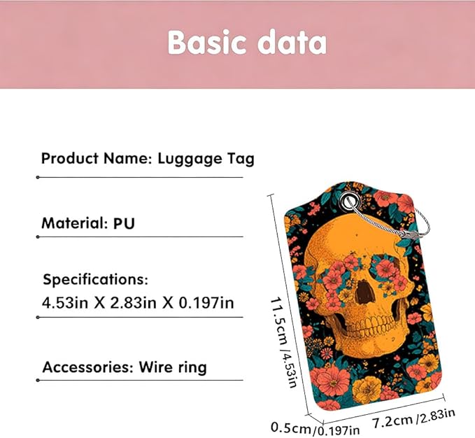 Cinco de Mayo Floral Skull Luggage Tags 2 Pcs, Mexican Fiesta Bag Tags for Luggage, Vibrant Travel Suitcase Name ID Identifiers, 2.83x4.53 Inch