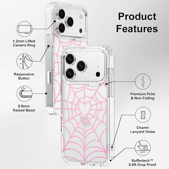 MOSNOVO for iPhone 17 Pro Case, Shockproof Military-Grade Protection 6.6ft Drop Tested, Camera Control, Clear Phone Case for iPhone 17 Pro, Pink Spiderweb Design