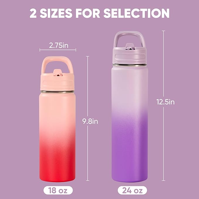 Fijinhom 2 Pack 18oz Insulated Stainless Steel Water Bottle with Straws, Double Wall Vacuum Insulated Bottles, Metal Thermo for Travel, Sports, Leak-Proof, BPA Free, Women & Men, Purple&Pink Gradient