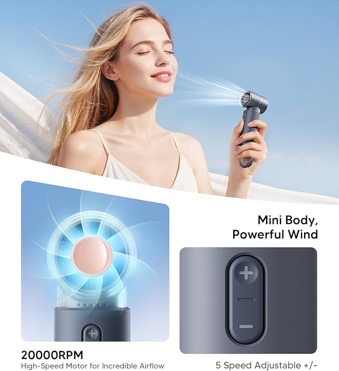 WSKEN Portable Handheld Fan, Rechargeable, 5 Speeds Mode, 20000rpm Brushless Motor, [Small But Powerful] - Ideal for Travel, Cruises, Hiking, Concerts & Lover Gifts(Gray)