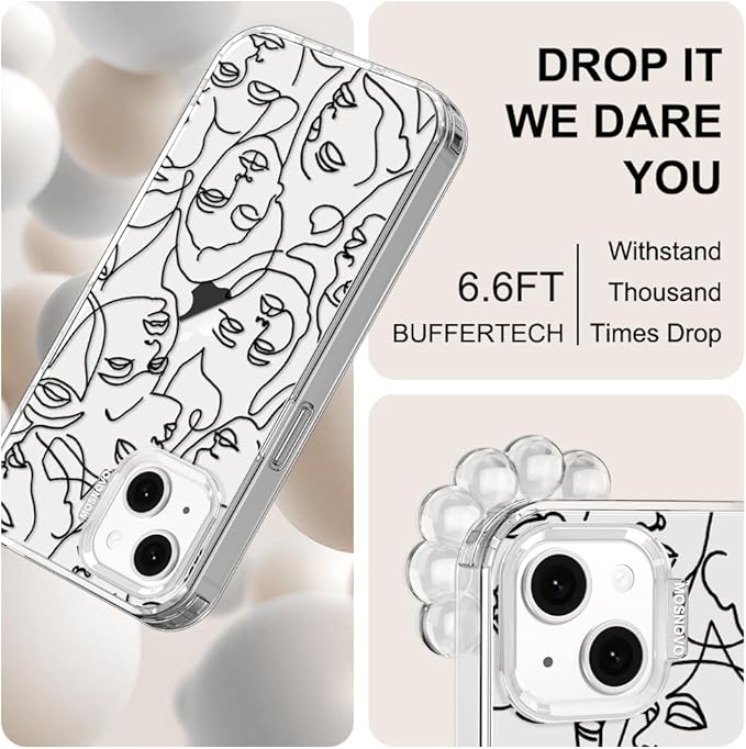 MOSNOVO for iPhone 13/14 Case | Military Grade 6.6ft Drop Tested | Clear with Abstract Face Line Art Design