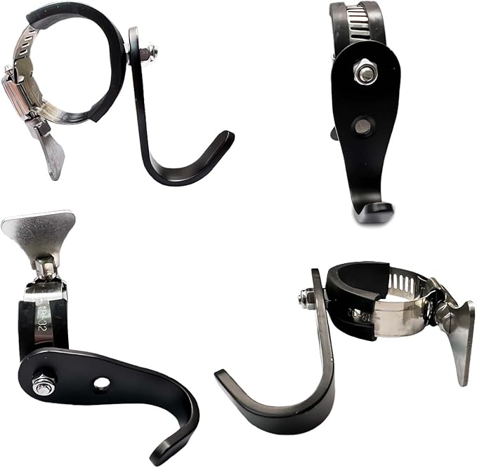 Adjustable Handlebar Hook Mount, Universal Pole Storage Hook, Black Metal Clamp Design (Single, 2pcs)