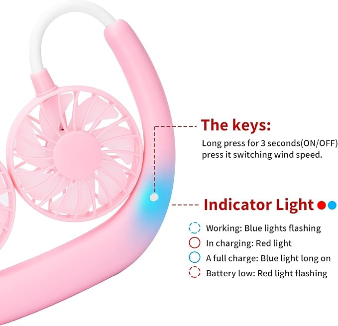 Portable Neck Fan Rechargeable Personal Hand-Free Fan Mini USB Wearable Neckband Sport Fan, 3 Speed Adjustable, 360 Degrees Free Rotation Perfect for Working, Traveling, Office, Reading (Pink)