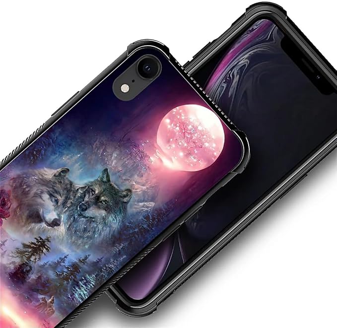 for iPhone XR Case, Star Two Wolfs Howling Pattern Graphic Design Girl Boy Soft Silicone Hard Acrylic Shock Protection for iPhone XR