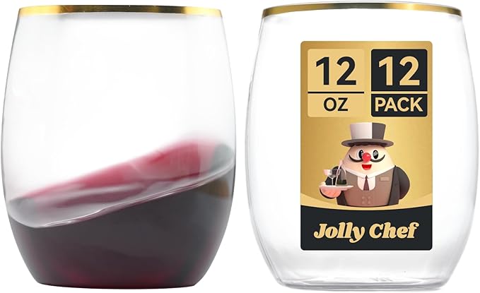 JOLLY CHEF 12 Pack 12oz Gold Plastic Wine Glasses Stemless, Gold Disposable Wine Cups, Premium Quality, Unbreakable, Disposable Plastic Wine Cups for Party, Halloween, Christmas, Thanksgiving