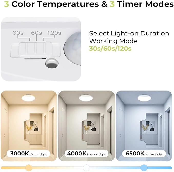 hepside Motion Sensor Ceiling Light Wired, 3000K/4000K/6500K LED Flush Mount Ceiling Light Fixture, 7Inch 15W Motion Sensor Light with Timer for Closet Stair Porch Hallway Pantry,White