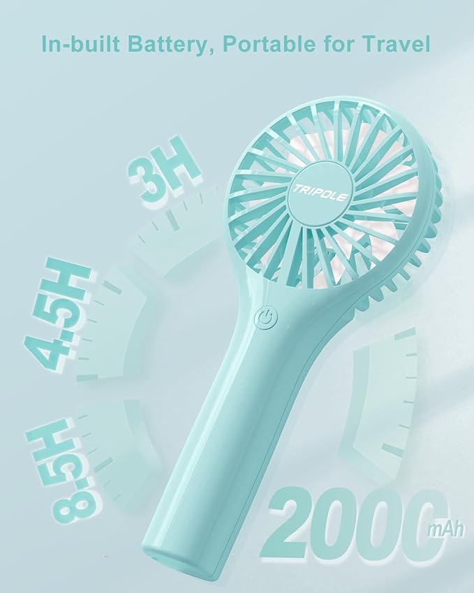 TriPole Mini Handheld Fan Portable Personal Fan with 3 Speed, Powerful Little Battery Hand Held Fan for Travel Trip Outdoor Concerts, Cute Small Rechargeable Lash Fan for Makeup Skincare Drying, Cyan