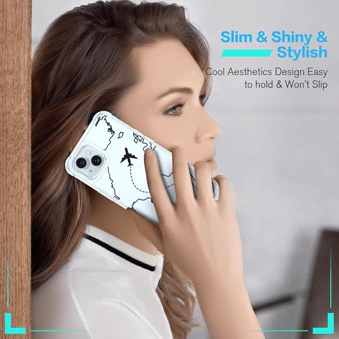 FANXI Minimalist Airplane Travel Map Phone Case Compatible with iPhone 15 (6.1 Inch) - Shockproof Clear Soft TPU Protective Cover with Airplane Design for Women Men and Girls