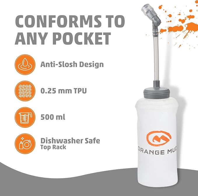 Orange Mud 500ml Soft Flask – 17oz Collapsible Hydration Bottle – BPA & PVC Free – Ultra-Light, Leak-Proof, Soft Material – Fits Any Pocket – with Optional Tube & Bite Valve