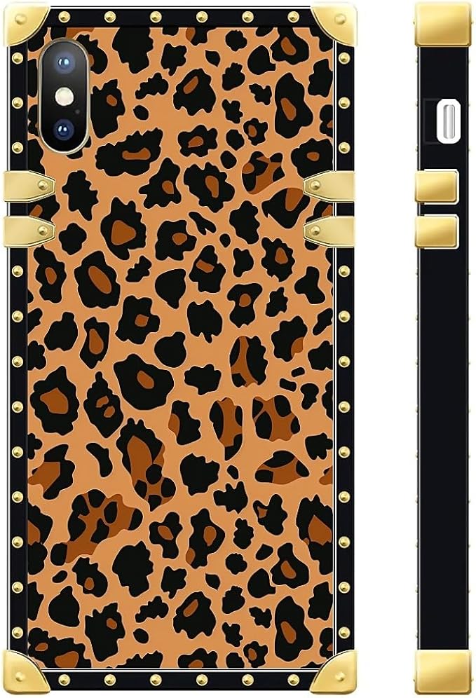 Compatible with iPhone XR Case, Brown Leopard Texture Luxury Golden Decoration for Girl Women Soft TPU Shockproof Protective Hard PC Back for iPhone XR