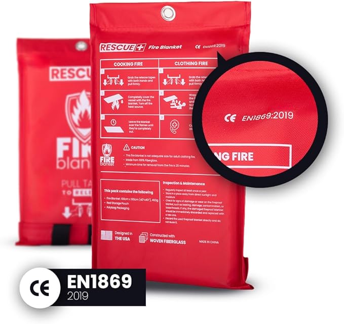 Rescue+ Emergency Fire Blanket for Home, Kitchen, Workplace & Travel, 40” x 40” Fiberglass Flame Retardant Safety Blanket, Fire Suppression for House, Camping, Car Emergencies - Pack of 4