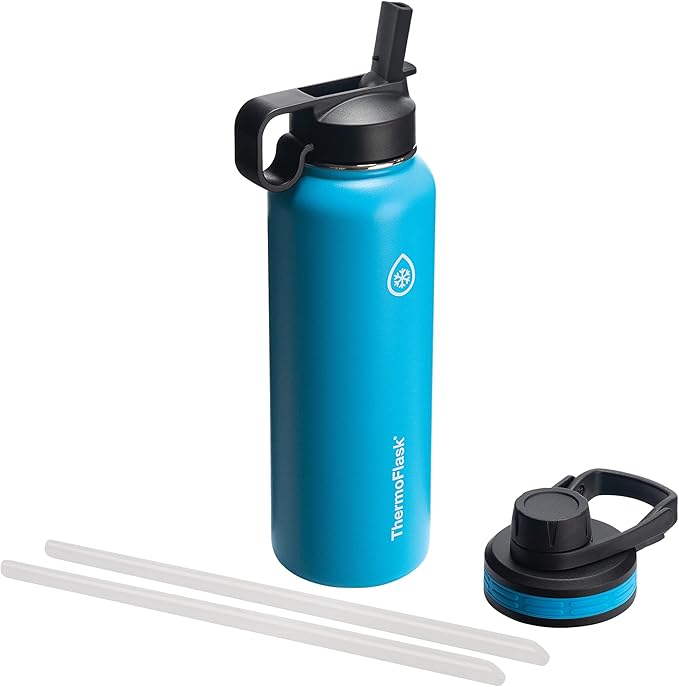 ThermoFlask 40 oz Double Wall Vacuum Insulated Stainless Steel Water Bottle - Reusable with Leakproof Chug & Straw Lids - Keeps Drinks Cold 24 hr/Hot 12 hr - Easy Maintenance - Gym/On-the-Go, Capri