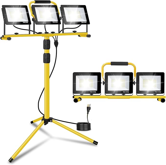 21000Lumens LED Work Lights with Stand, 3 Adjustable Work Lamp Head with Individual Switch, IP66 Waterproof Tripod Work Light for Outdoor Indoor Job Site Workshop Garage Construction Site