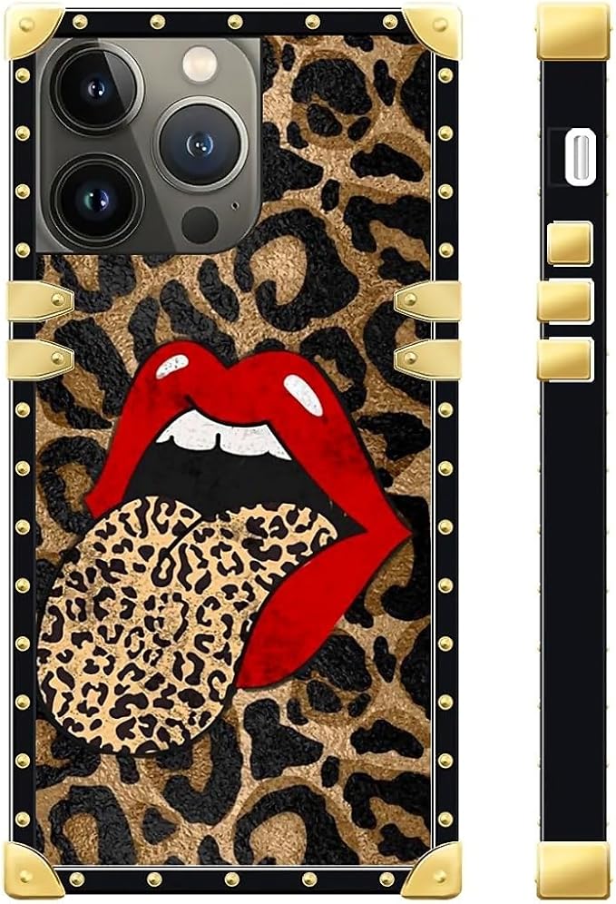 Compatible with iPhone 15 Pro Case, Brown Leopard Print Mouth Luxury Golden Decoration for Girl Women Soft TPU Shockproof Protective Hard PC Back for iPhone 15 Pro