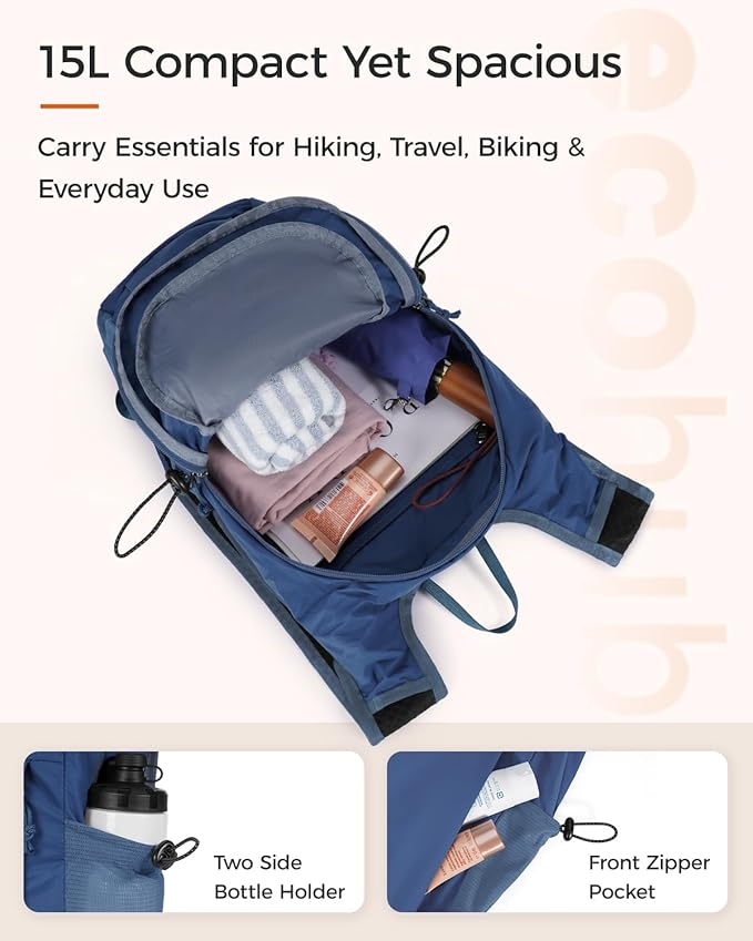 ECOHUB 15L Lightweight Packable Hiking Backpack for Travel, Small Daypack with Chest Strap & Phone Pocket, Water Resistant Foldable Backpack for Men Women
