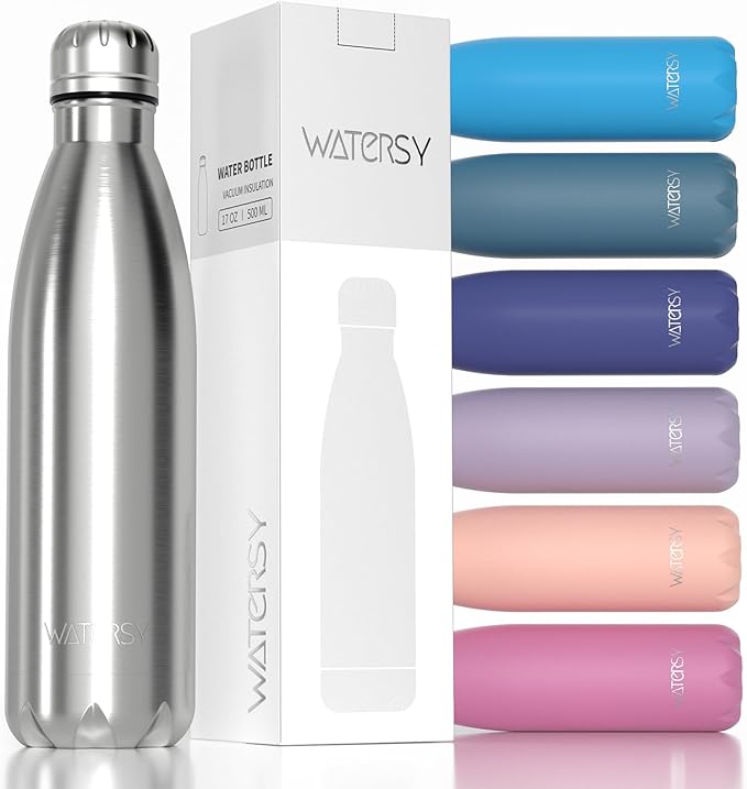 WATERSY Stainless Steel water bottles,17oz/500ml Insulated Water Bottles,Sliver metal water bottle Keeps Drink Cold and Hot,BPA Free kids water bottles for School,Gym,Travel,Sports
