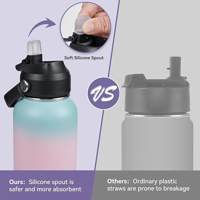 Fijinhom 32oz Insulated Stainless Steel Water Bottle, Wide Mouth Double Wall Vacuum, Silicone Straw, Sweat & Leak Proof, BPA Free Insulated Water Flask for Travel, Keep Cold 24h Hot 12h, Pink