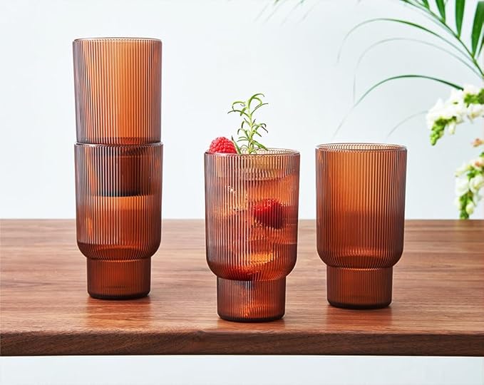 Shatterproof Acrylic Tall Drinking Glasses Set, European Style, Dishwasher Safe, Ribbed | Set of 4 | Fluted Tritan, Unbreakable BPA-free Plastic, Reusable Stackable Glassware 14.5oz - Burnt Orange