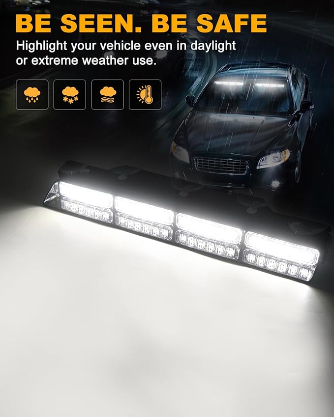 HLauto 6Z4J Emergency Dash Strobe Lights: 2x16.8 inch White Safety Lights, 48 LED Flashing Warning Hazard Interior Windshield Visor Traffic Light Bar for Trucks, Construction Vehicles