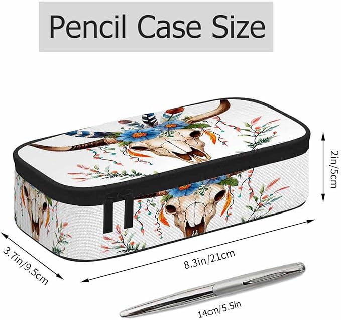 Cow Skull Pencil Holder Bag Bull Head Flowers Feathers Boho Style Pencil Case College Office School for Teens Boy Girl