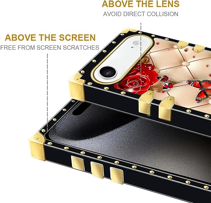 for iPhone 17 Air Case Luxury Golden Decoration for Girl Women Soft TPU Shockproof Protective Hard PC Back for iPhone 17 Air Crazy Pattern Shining Red Rose Butterfly Leather Background