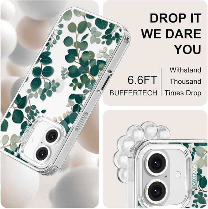 MOSNOVO Case for iPhone 16, [Buffertech 6.6ft Military-Grade Drop Protection] [Anti Peel Off Tech] Clear TPU Bumper Phone Case Cover Design - Eucalyptus