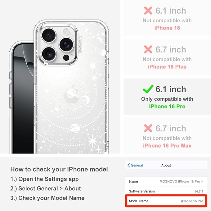 MOSNOVO Case for iPhone 16 Pro, [Buffertech 6.6ft Military-Grade Drop Protection] [Anti Peel Off Tech] Clear TPU Bumper Phone Case Cover Design - Galaxy
