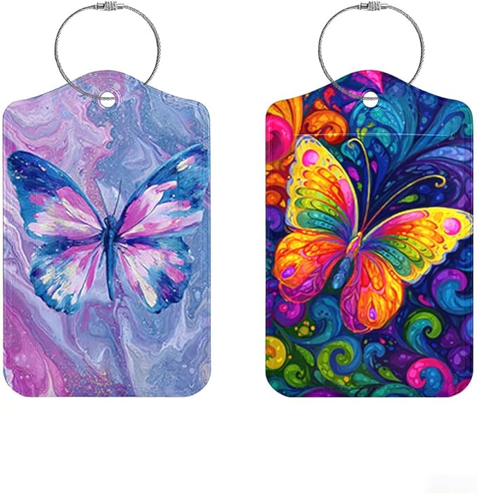 2 Pack Butterfly Luggage Tags for Suitcases, Colorful Artistic Travel ID Tags with Privacy Cover, PU Leather Bag Identifiers, Spring & Summer Vacation Essentials, Mother's Day, 2 Styles