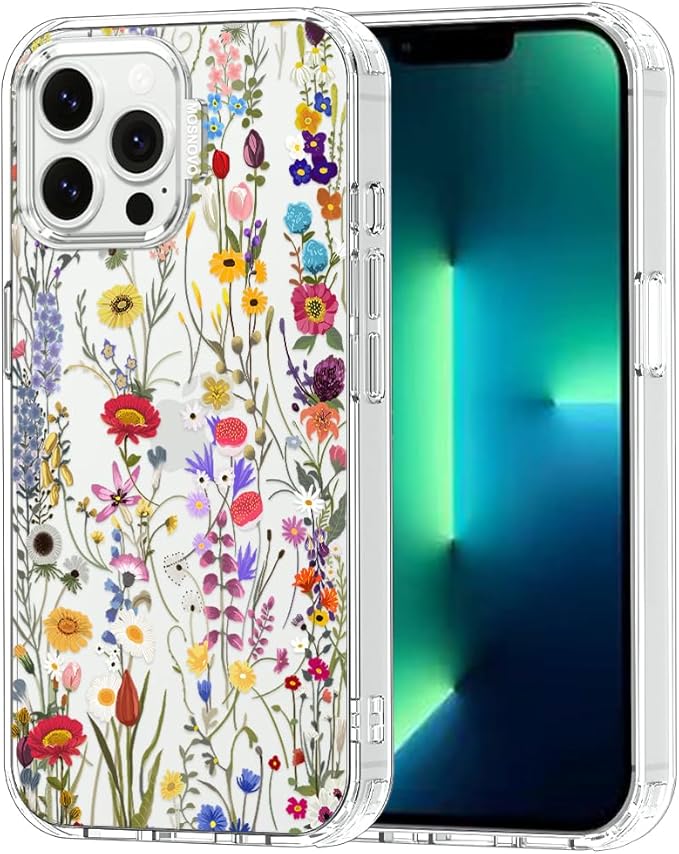 MOSNOVO Case for iPhone 13 Pro Max, [Buffertech 6.6ft Military-Grade Drop Protection] [Anti Peel Off Tech] Clear TPU Bumper Phone Case Cover Design - Wildflower Meadow
