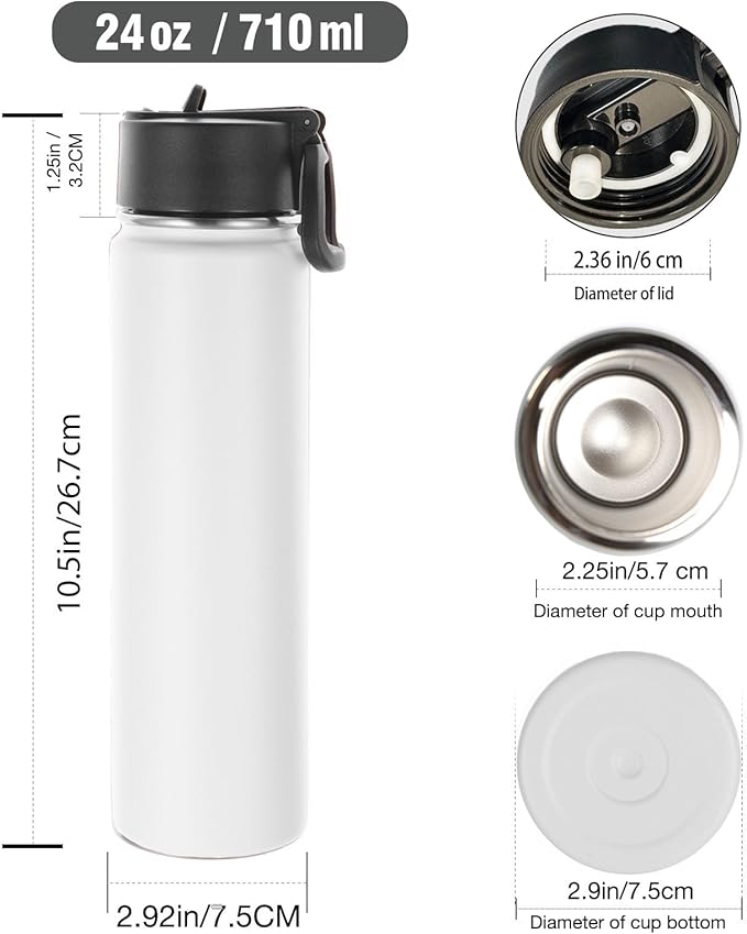 Volhoply 24oz Insulated Water Bottle with Straw Bulk 6 Pack,Not Suitable for Sublimation,Metal Wide Mouth Water Bottles with Handle Lid Keep Cold,Reusable Double Wall Cups(White,6 Count)