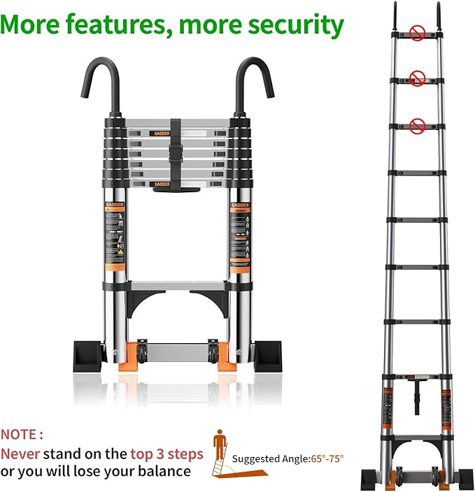 Telescoping Ladder,with Stable Hook and stabilizer barand,Extension Ladder, Heavy Duty 330lbs Max Capacity, Multi-Purpose Collapsible Ladder for RV or Outdoor Work (16.5FT/5.1M)