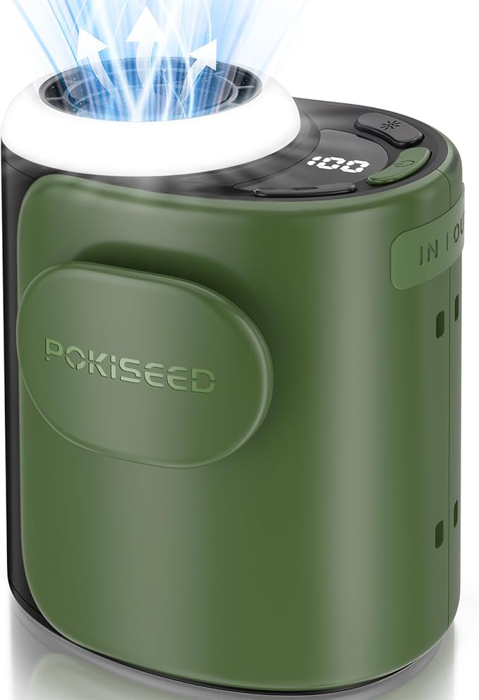 POKISEED Rugged Portable Fan, 10000mAh Rechargeable Battery, 40H Runtime, 5-Speed Turbo Cooling, Hands-Free Multi-Position Design for Construction, Jobsite, Warehouse, Farm, Camping(Green)