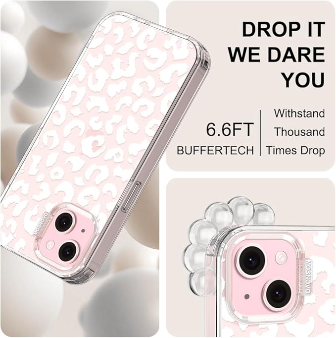 MOSNOVO Case for iPhone 15, [Buffertech 6.6ft Military-Grade Drop Protection] [Anti Peel Off Tech] Clear TPU Bumper Phone Case Cover Design - White Leopard Print