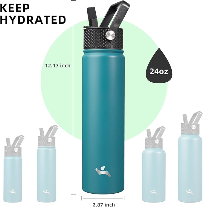 Konokyo Insulated Water Bottle 24oz Stainless Steel Sport Bottles with 3 Lids,Light Blue