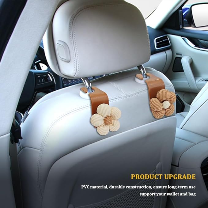4PCS Car Hooks for Purses and Bags, Flower Car Headrest Hook, Multipurpose Back Seat Hanger Storage Organize Universal (4PCS-Brown Flower)