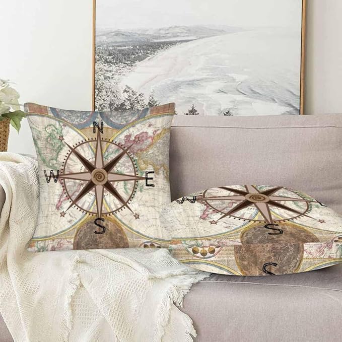 Nautical Compass Throw Pillow Covers 18x18 Historical World Map Earth Exploration Vintage Set of 2 Pillow Cases Square Velvet Outdoor Pillowcases Decorative for Home Bed Sofa Couch Hotel
