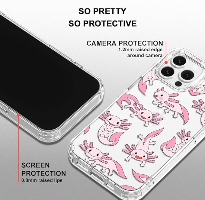 MOSNOVO Case for iPhone 13 Pro Max, [Buffertech 6.6ft Military-Grade Drop Protection] [Anti Peel Off Tech] Clear TPU Bumper Phone Case Cover Design - Pink Axolotl