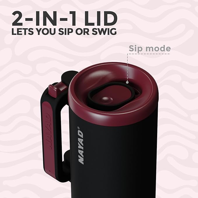 NAYAD 40oz Travel Tumbler with Handle and Straw|Cup Holder Friendly Insulated Stainless Steel Dual Straw-Sip Lid Folding Handle Cupholder Compatible for Travel or Gift| BPA-Free (Black)