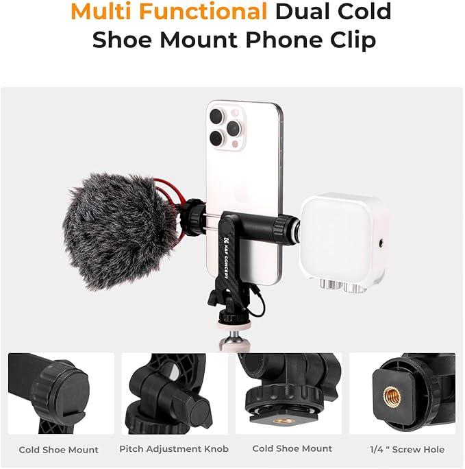 K&F CONCEPT Phone Tripod Mount, Universal Smartphone Adapter with 2 Cold Shoe Mount, Adjustable Cellphone Holder for Horizontal and Vertical Shooting, Compatible with iPhone/Samsung and All Phones